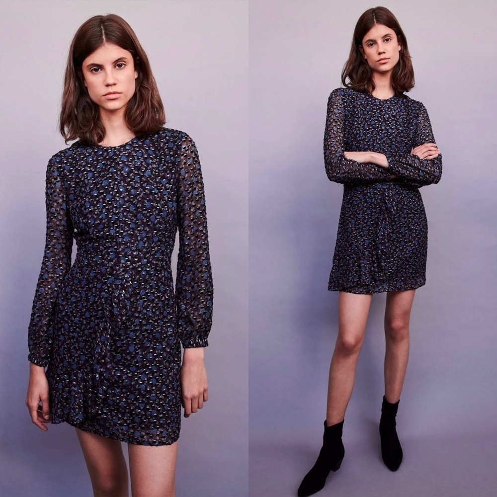 NWT MAJE Metallic Velvet Burnout Floral Chiffon Long Sleeve‎ Ruffle Mini Dress S